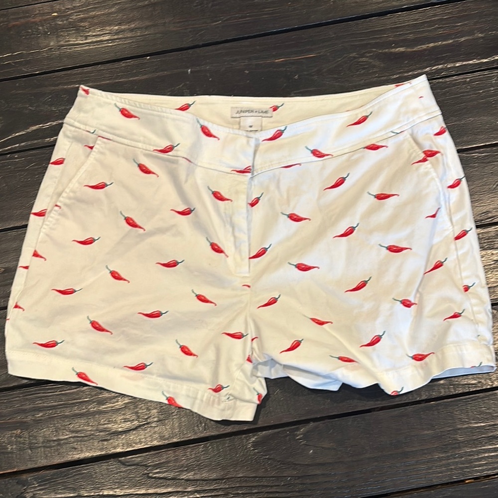 J. Crew White and Red Bermuda Shorts with Playful Pattern